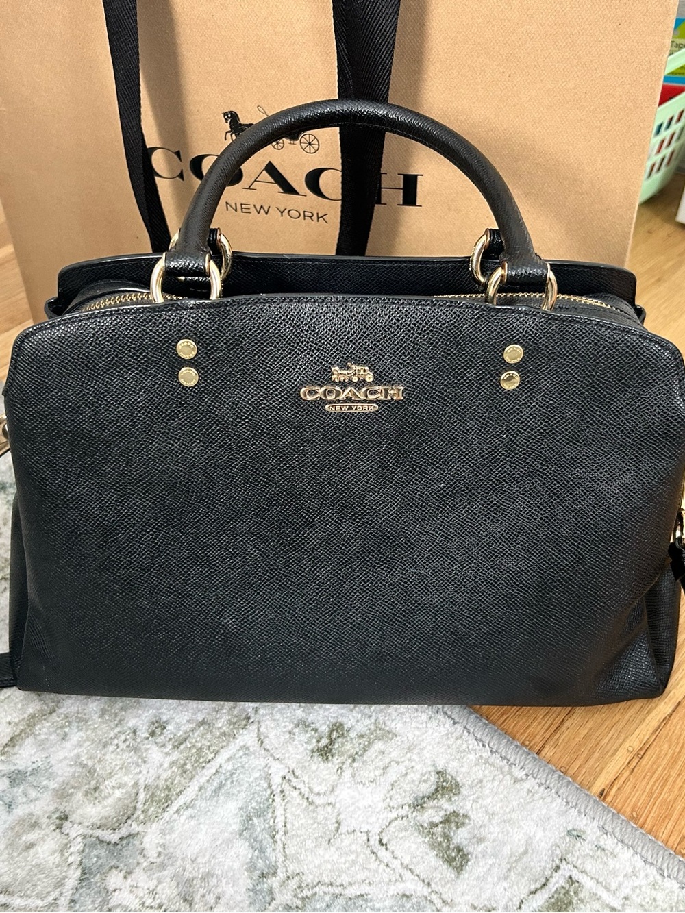 Coach Black Leather Dome Satchel with Gold Crossgrain Leather Crossbody